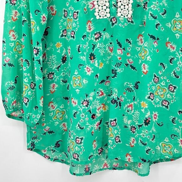 Mint Green Sheer Peasant Blouse with Open Crochet Work Womens Large Red Camel - Picture 3 of 7